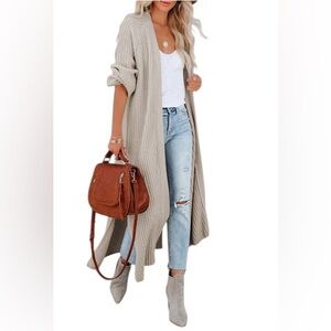 Fossil Elegant Wool Blend Light Grey Knit Long Open Cardigan L